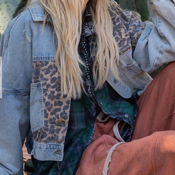 Distressed Denim and Leopard Short Oversized Jacket - Picture 5 of 17